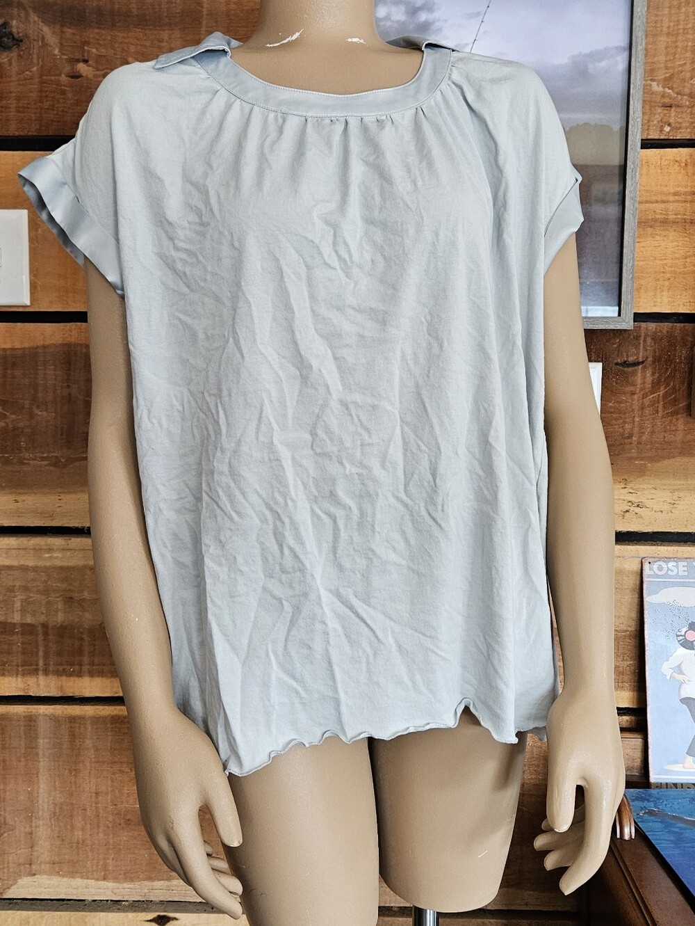 Sundance Mixed Media Womens Light Blue Short Sleeve Blouse L Feminine Chic Basic